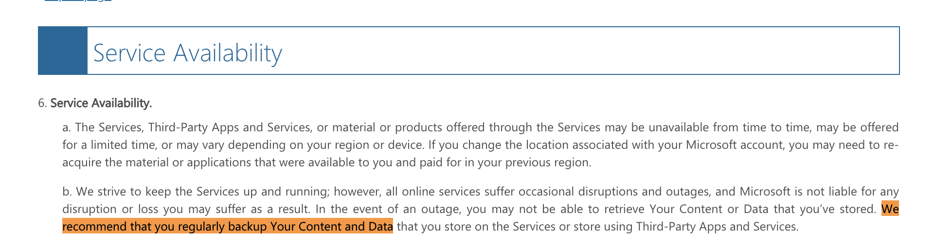 Microsoft 365 service agreement data backup